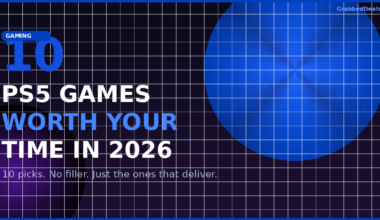 Featured image showing the 10 best PS5 games worth your time in 2026 on a professional dark blue grid background.
