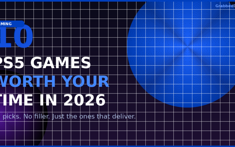 Featured image showing the 10 best PS5 games worth your time in 2026 on a professional dark blue grid background.