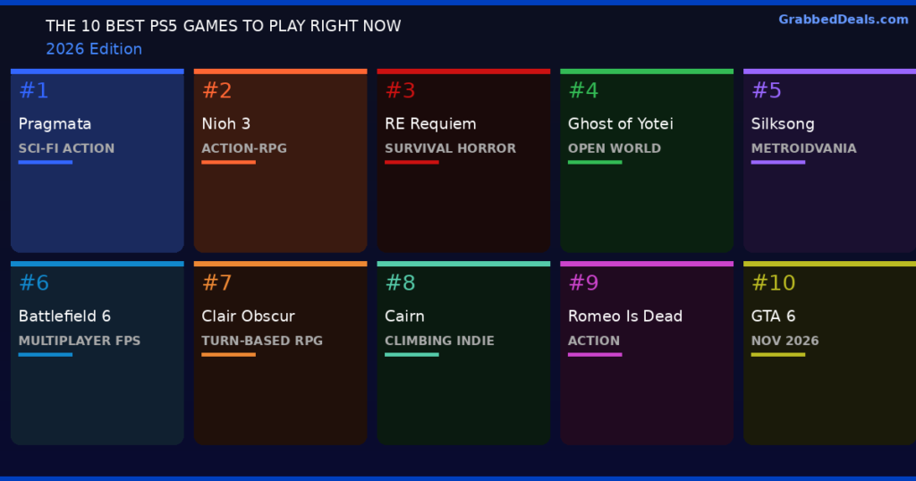 Grid infographic titled The 10 Best PS5 Games to Play Right Now 2026 Edition featuring titles like Pragmata, Nioh 3, GTA 6 and Ghost of Yotei.