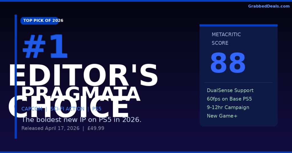 Editor's Choice graphic for Pragmata on PS5 showing a Metacritic score of 88 and key features like 60fps support and DualSense integration.