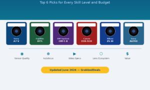 An infographic titled Best Mirrorless Cameras in 2026 showing the top 6 picks for every skill level and budget, featuring models from Sony, Fujifilm, OM System, Canon, and Nikon, evaluated by sensor quality, autofocus, video specs, lens ecosystem, and value.