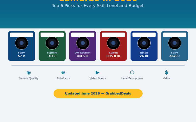 An infographic titled Best Mirrorless Cameras in 2026 showing the top 6 picks for every skill level and budget, featuring models from Sony, Fujifilm, OM System, Canon, and Nikon, evaluated by sensor quality, autofocus, video specs, lens ecosystem, and value.