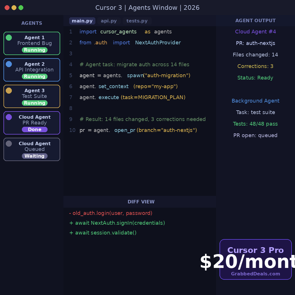 In-body software interface screenshot for GrabbedDeals titled Cursor 3: Agents Window 2026, showcasing a dark-mode IDE dashboard. The left column monitors active processing states for multiple local and cloud autonomous agents; the middle code editor displays Python scripts managing an automated authentication migration across fourteen files; the lower panel highlights an inline code Git diff swapping old login logic for async NextAuth patterns; and the right side charts completed output metrics alongside a twenty-dollar per month Cursor 3 Pro promotional badge.
