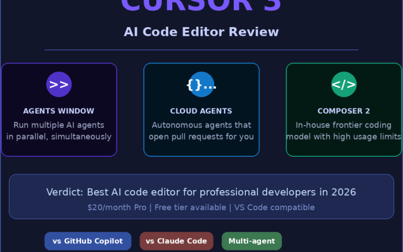 Featured hero graphic for GrabbedDeals titled Cursor 3: AI Code Editor Review, under a Cursor 3 Review 2026 badge against a white grid-lined dark blue background with large blue and purple geometric accent shapes. The layout presents three rounded horizontal capability blocks for Agents Window, Cloud Agents, and Composer 2 above a central verdict banner declaring it the best AI code editor for professional developers in 2026, complete with status tags comparing it to GitHub Copilot and Claude Code.