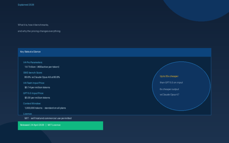 Featured hero image for GrabbedDeals titled DeepSeek V4 Explained 2026, showcasing key stats for the V4-Pro and V4-Flash models including a 1.6 trillion parameter count, 80.6 percent SWE-bench score, and a 1 million token context window. The graphic highlights that V4-Flash is up to 35 times cheaper than GPT-5.5, with an MIT licence for commercial use.