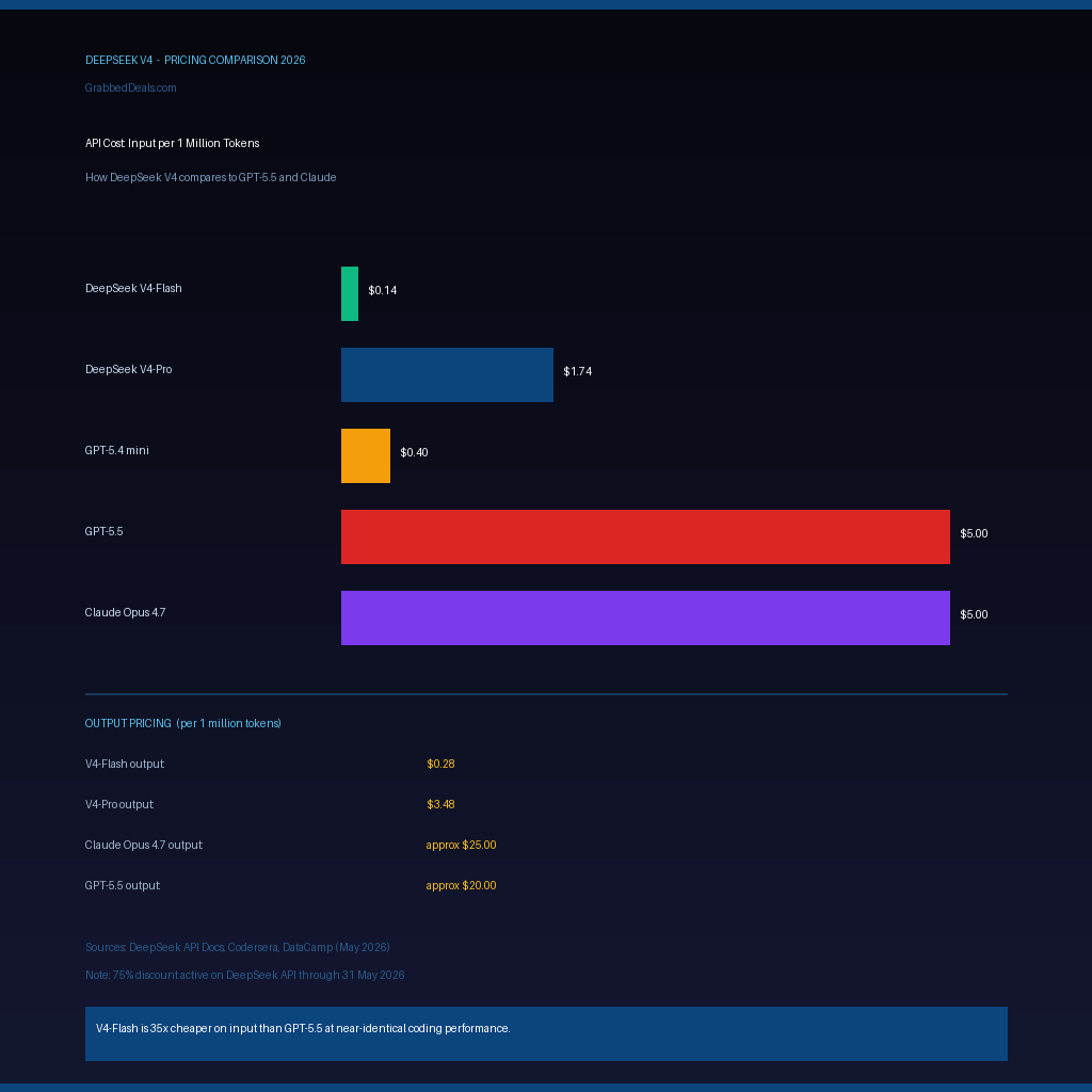 Infographic for GrabbedDeals titled DeepSeek V4 Pricing Comparison 2026, featuring a bar chart comparing input and output API costs per 1 million tokens for DeepSeek V4-Flash, V4-Pro, GPT-5.4 mini, GPT-5.5 and Claude Opus 4.7, showing V4-Flash is 35 times cheaper on input than GPT-5.5 at 0.14 dollars.