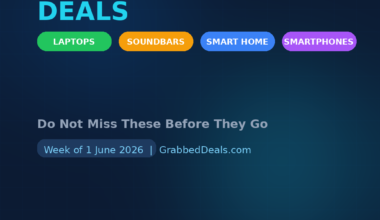 Featured hero infographic for GrabbedDeals titled Best Tech Deals: Do Not Miss These Before They Go, highlighting the week of 1 June 2026 against a dark blue gradient background. The graphic presents four vibrant categories in rounded capsules: Laptops, Soundbars, Smart Home and Smartphones, with a bold orange circle in the bottom right corner advertising discounts of up to 70 percent off.