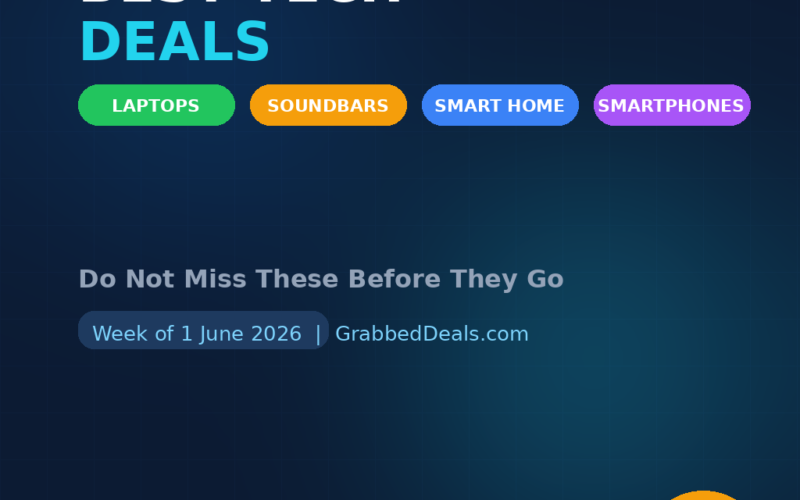 Featured hero infographic for GrabbedDeals titled Best Tech Deals: Do Not Miss These Before They Go, highlighting the week of 1 June 2026 against a dark blue gradient background. The graphic presents four vibrant categories in rounded capsules: Laptops, Soundbars, Smart Home and Smartphones, with a bold orange circle in the bottom right corner advertising discounts of up to 70 percent off.