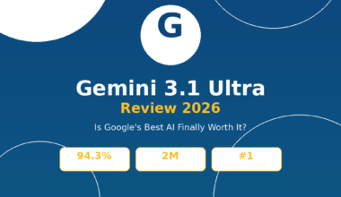 Featured hero graphic for GrabbedDeals titled Gemini 3.1 Ultra Review 2026: Is Google's Best AI Finally Worth It?, under an AI Tools Review 2026 tag. The design presents a prominent white circular Google G icon against a dark blue background with abstract white geometric circles, featuring three white data cards highlighting a 94.3 percent GPQA Diamond score, a 2 million token context window, and a number 1 ranking for reasoning scores.