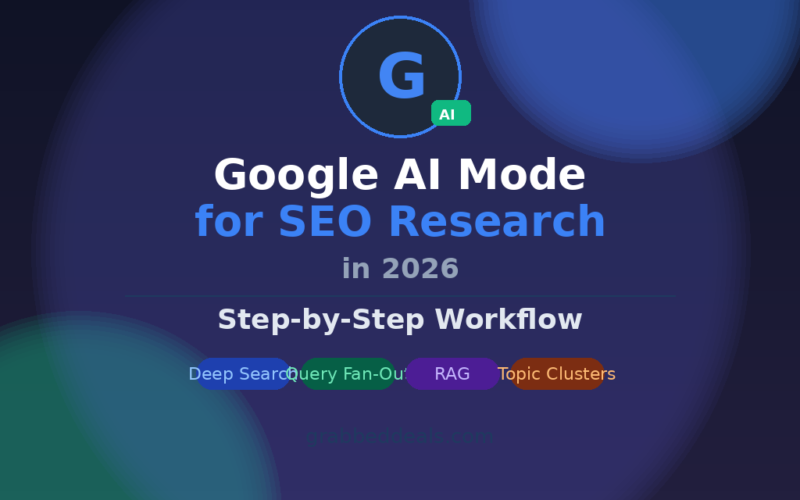 A featured promotional banner titled Google AI Mode for SEO Research in 2026: Step-by-Step Workflow on GrabbedDeals.com, displaying a prominent Google "G" icon with a green "AI" badge. The design features four colorful process pills labeled Deep Search, Query Fan-Out, RAG, and Topic Clusters set against a dark blue background with abstract teal and indigo gradient spheres.