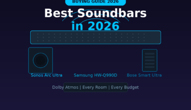Featured hero image for GrabbedDeals titled Best Soundbars in 2026: Buying Guide 2026, showcasing three premium audio options: Sonos Arc Ultra, Samsung HW-Q990D and Bose Smart Ultra, displayed on a minimalist dark purple background with neon blue sound wave accents and Dolby Atmos branding.