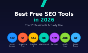 Featured hero graphic for GrabbedDeals titled 7 Best Free SEO Tools in 2026: That Professionals Actually Use, under a Digital Marketing & SEO 2026 Guide badge on a deep navy background. The layout displays a prominent teal number 7 above a horizontal row of seven colour-coded circular icons containing acronyms for Search Console, Screaming Frog, Analytics 4, Ubersuggest, Semrush, Ahrefs Free, and Google Trends, rounded out by a professional branding footer.