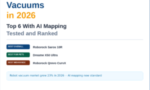 A featured image banner titled Best Robot Vacuums in 2026: Top 6 With AI Mapping Tested and Ranked, listing top picks like Roborock Saros 10R (Best Overall), Dreame X50 Ultra (Best for Pets), and Roborock Qrevo CurvX (Best Mid-Range).