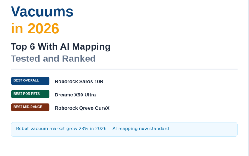 A featured image banner titled Best Robot Vacuums in 2026: Top 6 With AI Mapping Tested and Ranked, listing top picks like Roborock Saros 10R (Best Overall), Dreame X50 Ultra (Best for Pets), and Roborock Qrevo CurvX (Best Mid-Range).
