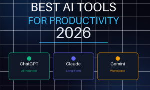 A featured promotional banner titled BEST AI TOOLS FOR PRODUCTIVITY 2026 on grabbeddeals.com, showcasing three dark icon blocks mapping out the top picks: ChatGPT (All-Rounder), Claude (Long-Form), and Gemini (Workspace), highlighting a ChatGPT vs Claude vs Gemini comparison covering pricing and features.