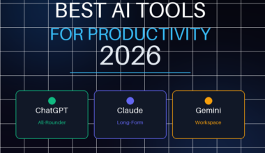 A featured promotional banner titled BEST AI TOOLS FOR PRODUCTIVITY 2026 on grabbeddeals.com, showcasing three dark icon blocks mapping out the top picks: ChatGPT (All-Rounder), Claude (Long-Form), and Gemini (Workspace), highlighting a ChatGPT vs Claude vs Gemini comparison covering pricing and features.