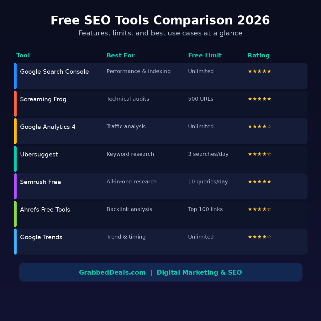 In-body infographic table for GrabbedDeals titled Free SEO Tools Comparison 2026, presenting a comparative choice matrix across seven popular search optimization tools, detailing their core focus areas, free usage limit thresholds, and star ratings on a deep navy background.
