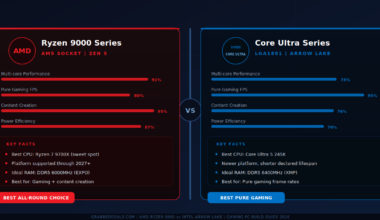 Comparison infographic for GrabbedDeals titled AMD Ryzen 9000 vs Intel Arrow Lake: Gaming PC Build Guide 2026, detailing performance scores for gaming, content creation and power efficiency for the Ryzen 7 9700X and Core Ultra 5 245K.