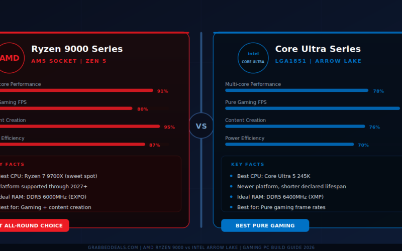 Comparison infographic for GrabbedDeals titled AMD Ryzen 9000 vs Intel Arrow Lake: Gaming PC Build Guide 2026, detailing performance scores for gaming, content creation and power efficiency for the Ryzen 7 9700X and Core Ultra 5 245K.