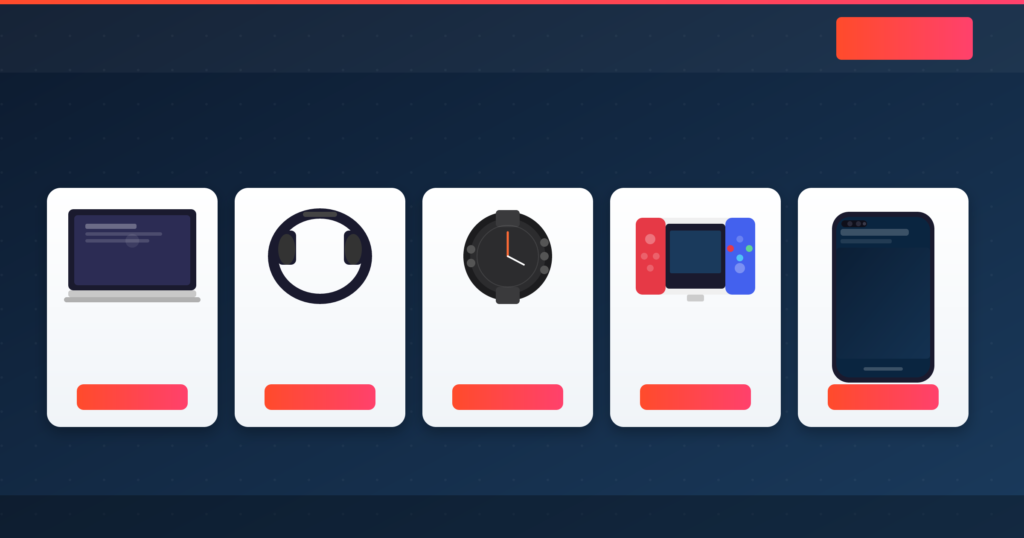 Navigation graphic for GrabbedDeals featuring five icons for tech categories including laptops, audio equipment, smart wearables, gaming consoles and mobile smartphones.