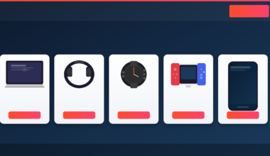 Navigation graphic for GrabbedDeals featuring five icons for tech categories including laptops, audio equipment, smart wearables, gaming consoles and mobile smartphones.