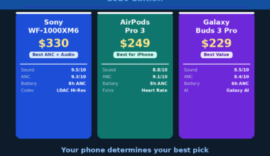 A featured comparison banner titled Premium Wireless Earbuds Head-to-Head Comparison 2026 Edition, highlighting the Sony WF-1000XM6 at $330, AirPods Pro 3 at $249, and Galaxy Buds 3 Pro at $229, with score cards for sound, ANC, and battery life.