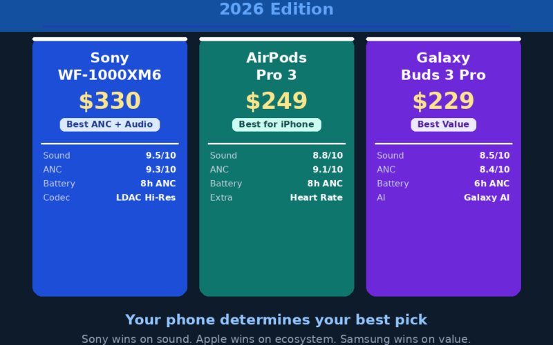 A featured comparison banner titled Premium Wireless Earbuds Head-to-Head Comparison 2026 Edition, highlighting the Sony WF-1000XM6 at $330, AirPods Pro 3 at $249, and Galaxy Buds 3 Pro at $229, with score cards for sound, ANC, and battery life.