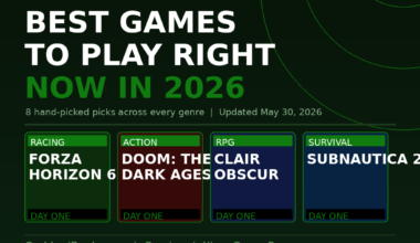 Featured hero infographic for GrabbedDeals titled XBOX GAME PASS ULTIMATE | 2026 BEST GAMES TO PLAY RIGHT NOW IN 2026, presenting 8 hand-picked picks across every genre in a dark green grid layout. Four primary cards highlight Racing: Forza Horizon 6, Action: Doom: The Dark Ages, RPG: Clair Obscur, and Survival: Subnautica 2 as Day One entries, with additional pills at the bottom for Mixtape, Blue Prince, Vampire Survivors, and Outbound.