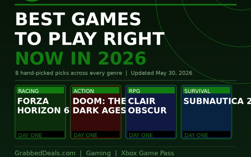 Featured hero infographic for GrabbedDeals titled XBOX GAME PASS ULTIMATE | 2026 BEST GAMES TO PLAY RIGHT NOW IN 2026, presenting 8 hand-picked picks across every genre in a dark green grid layout. Four primary cards highlight Racing: Forza Horizon 6, Action: Doom: The Dark Ages, RPG: Clair Obscur, and Survival: Subnautica 2 as Day One entries, with additional pills at the bottom for Mixtape, Blue Prince, Vampire Survivors, and Outbound.