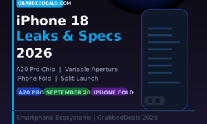 Featured hero graphic for GrabbedDeals titled iPhone 18 Leaks & Specs 2026, under a main brand tag against a dark blue background with a large illuminated blue sphere in the upper right. The layout presents an abstract blueprint outline of a smartphone beside key text highlights for the A20 Pro Chip, Variable Aperture, iPhone Fold, and Split Launch, rounded out by three colorful status tags for A20 Pro, September 2026, and iPhone Fold.