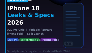 Featured hero graphic for GrabbedDeals titled iPhone 18 Leaks & Specs 2026, under a main brand tag against a dark blue background with a large illuminated blue sphere in the upper right. The layout presents an abstract blueprint outline of a smartphone beside key text highlights for the A20 Pro Chip, Variable Aperture, iPhone Fold, and Split Launch, rounded out by three colorful status tags for A20 Pro, September 2026, and iPhone Fold.