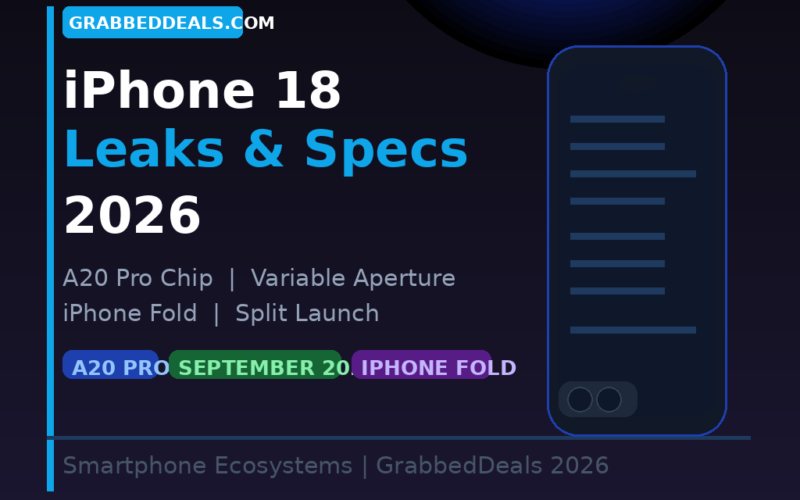 Featured hero graphic for GrabbedDeals titled iPhone 18 Leaks & Specs 2026, under a main brand tag against a dark blue background with a large illuminated blue sphere in the upper right. The layout presents an abstract blueprint outline of a smartphone beside key text highlights for the A20 Pro Chip, Variable Aperture, iPhone Fold, and Split Launch, rounded out by three colorful status tags for A20 Pro, September 2026, and iPhone Fold.