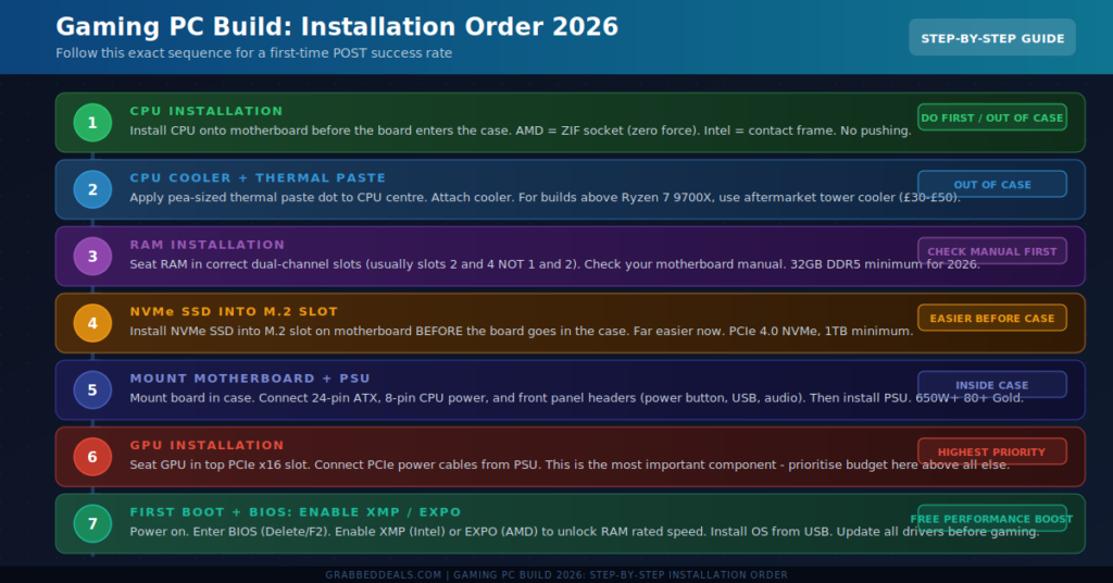 Infographic for GrabbedDeals titled Gaming PC Build: Installation Order 2026, outlining a seven step sequence including out of case CPU and RAM installation, NVMe SSD mounting, case assembly and enabling XMP or EXPO in the BIOS for a first-time POST success rate.