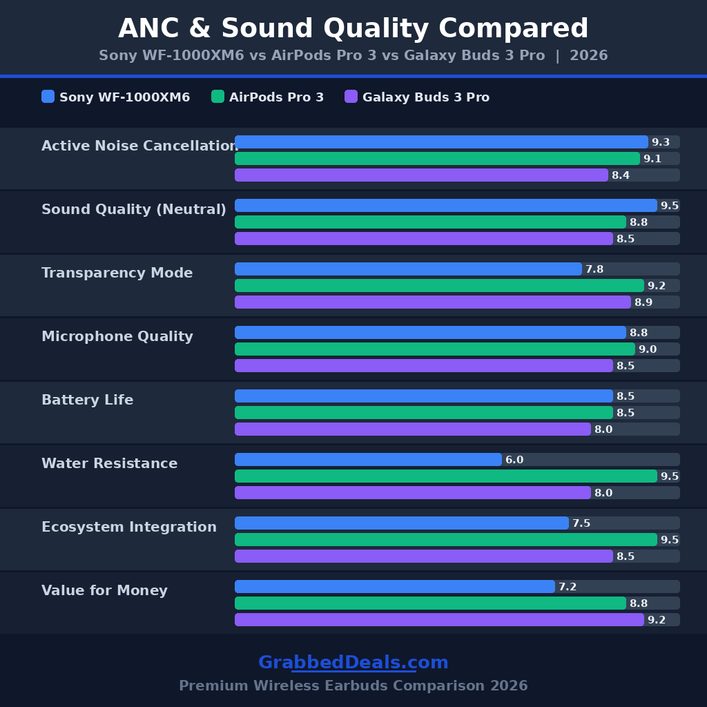 A horizontal bar chart titled ANC & Sound Quality Compared showing 2026 performance scores across metrics like Active Noise Cancellation, Sound Quality, Transparency Mode, and Value for Money for the Sony WF-1000XM6, AirPods Pro 3, and Galaxy Buds 3 Pro.