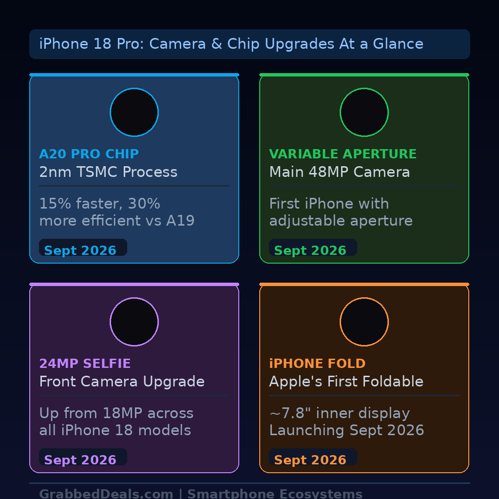 In-body infographic grid for GrabbedDeals titled iPhone 18 Pro: Camera & Chip Upgrades At a Glance, organizing four distinct rounded, colour-coded data panels detailing the A20 Pro Chip on a 2nm TSMC process, a mechanical Variable Aperture Main 48MP Camera, an upgraded 24MP Selfie front lens, and the 7.8-inch display iPhone Fold, all scheduled for a unified launch in September 2026.