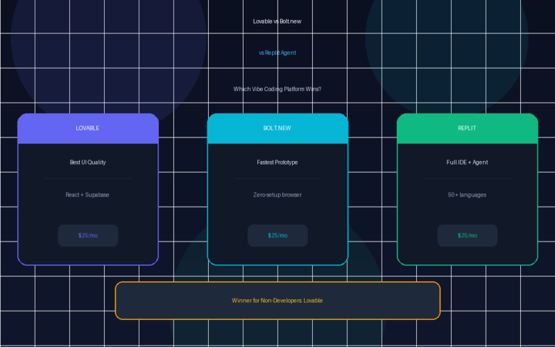 A comparison scorecard infographic titled AI CODING TOOLS COMPARISON 2026: Lovable vs Bolt.new vs Replit Agent under the subtitle Which Vibe Coding Platform Wins? on GrabbedDeals.com. The grid layout features three side-by-side color-coded product cards: LOVABLE (purple header, Best UI Quality, React + Supabase, $25/mo), BOLT.NEW (cyan header, Fastest Prototype, Zero-setup browser, $25/mo), and REPLIT (green header, Full IDE + Agent, 50+ languages, $25/mo). An orange landscape banner highlights Winner for Non-Developers: Lovable above a June 2026 footer timeline.