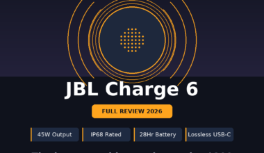 Featured image for GrabbedDeals titled JBL Charge 6: Full Review 2026, showing a 5 out of 5 rating and features like 45W Output, IP68 Rated, 28Hr Battery and Lossless USB-C audio.