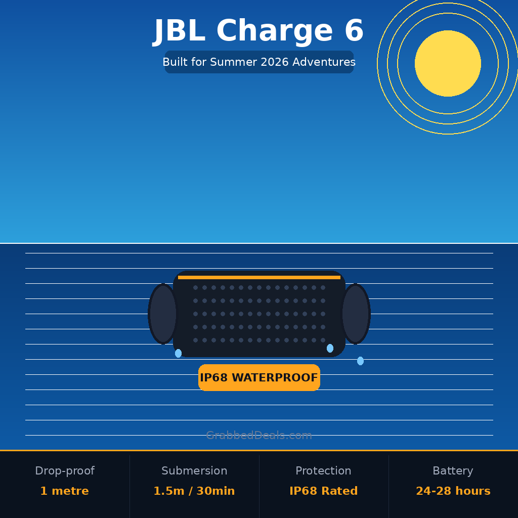 Infographic for GrabbedDeals titled JBL Charge 6: Built for Summer 2026 Adventures, detailing IP68 waterproof protection, 1 metre drop proofing, 1.5 metre submersion for 30 minutes and a 24 to 28 hour battery life.