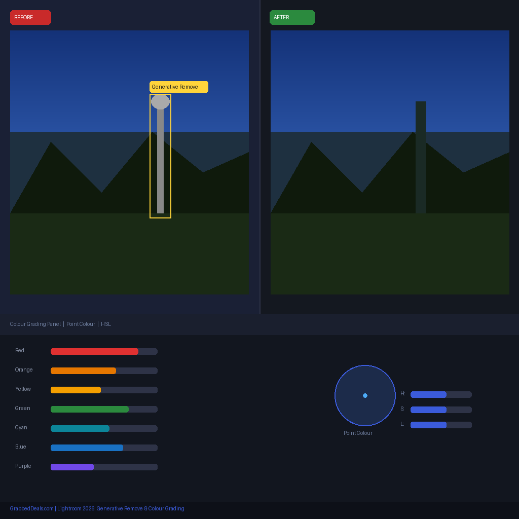 Comparison graphic for GrabbedDeals titled Lightroom 2026: Generative Remove and Colour Grading, showing a before and after sequence of a vertical object being removed with AI alongside the Point Colour panel featuring HSL sliders and a colour variance selector.