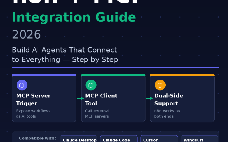 A featured promotional banner titled n8n + MCP Integration Guide 2026 under an AI WORKFLOW AUTOMATION category tag on GrabbedDeals.com, subtitled Build AI Agents That Connect to Everything — Step by Step. The grid layout features three side-by-side color-coded technical capability cards linked by arrows: MCP Server Trigger (Expose workflows as AI tools), MCP Client Tool (Call external MCP servers), and Dual-Side Support (n8n works as both ends). A lower compatibility bar highlights integration tags for Claude Desktop, Claude Code, Cursor, and Windsurf above a June 2026 timeline footer.