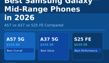 Featured hero graphic for GrabbedDeals titled Best Samsung Galaxy Mid-Range Phones in 2026: A57 vs A37 vs S25 FE Compared, presenting three card tiles: Galaxy A57 5G at 549.99 dollars as Best Overall, Galaxy A37 5G at 449.99 dollars as Best Value, and Galaxy S25 FE at 649.99 dollars as Best Performance. The bottom banner highlights an IP68 rating, Android 16, 6 years of updates and Awesome Intelligence AI.