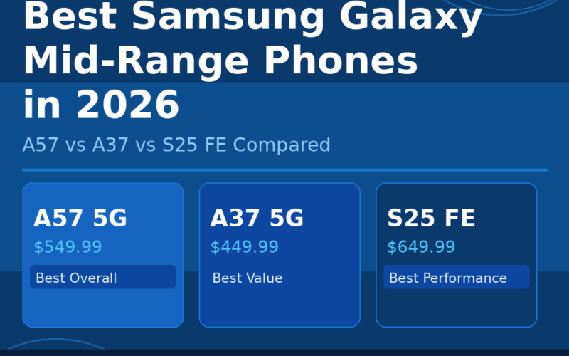 Featured hero graphic for GrabbedDeals titled Best Samsung Galaxy Mid-Range Phones in 2026: A57 vs A37 vs S25 FE Compared, presenting three card tiles: Galaxy A57 5G at 549.99 dollars as Best Overall, Galaxy A37 5G at 449.99 dollars as Best Value, and Galaxy S25 FE at 649.99 dollars as Best Performance. The bottom banner highlights an IP68 rating, Android 16, 6 years of updates and Awesome Intelligence AI.