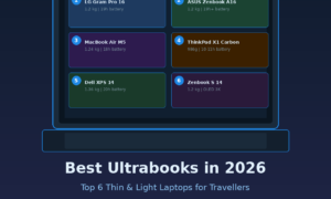 Featured hero graphic for GrabbedDeals titled Best Ultrabooks in 2026: Top 6 Thin & Light Laptops for Travellers, presenting an abstract outline of an open laptop housing six internal colour-coded product cards for the LG Gram Pro 16, ASUS Zenbook A16, MacBook Air M5, ThinkPad X1 Carbon, Dell XPS 14, and Zenbook S 14 above three rounded asset tags for Under 1.3kg, All-Day Battery, and Travel-Ready metrics.