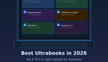 Featured hero graphic for GrabbedDeals titled Best Ultrabooks in 2026: Top 6 Thin & Light Laptops for Travellers, presenting an abstract outline of an open laptop housing six internal colour-coded product cards for the LG Gram Pro 16, ASUS Zenbook A16, MacBook Air M5, ThinkPad X1 Carbon, Dell XPS 14, and Zenbook S 14 above three rounded asset tags for Under 1.3kg, All-Day Battery, and Travel-Ready metrics.