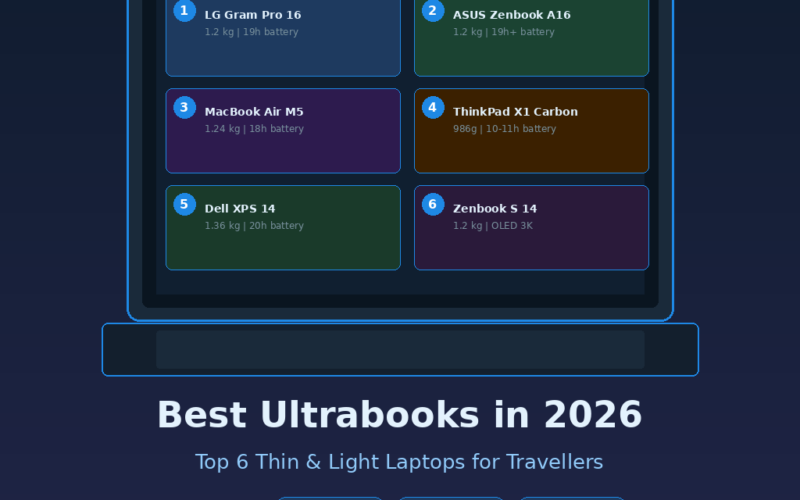 Featured hero graphic for GrabbedDeals titled Best Ultrabooks in 2026: Top 6 Thin & Light Laptops for Travellers, presenting an abstract outline of an open laptop housing six internal colour-coded product cards for the LG Gram Pro 16, ASUS Zenbook A16, MacBook Air M5, ThinkPad X1 Carbon, Dell XPS 14, and Zenbook S 14 above three rounded asset tags for Under 1.3kg, All-Day Battery, and Travel-Ready metrics.
